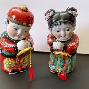 Vintage Chinese Lucky Golden Couple Porcelain Figurines 7" Tall